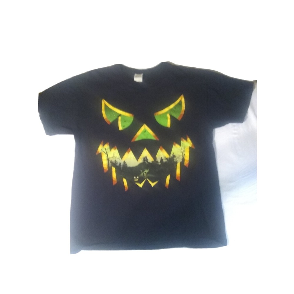 Men's‎ T-shirt L Black Halloween Jack-o-lantern Spooky Bats Haunted House